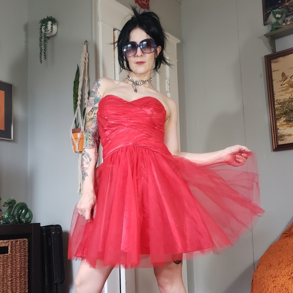 SOLD 80s Vintage Red Tulle Minidress Medium Sheer 1980s Prom Party Mini Dress - Picture 2 of 15
